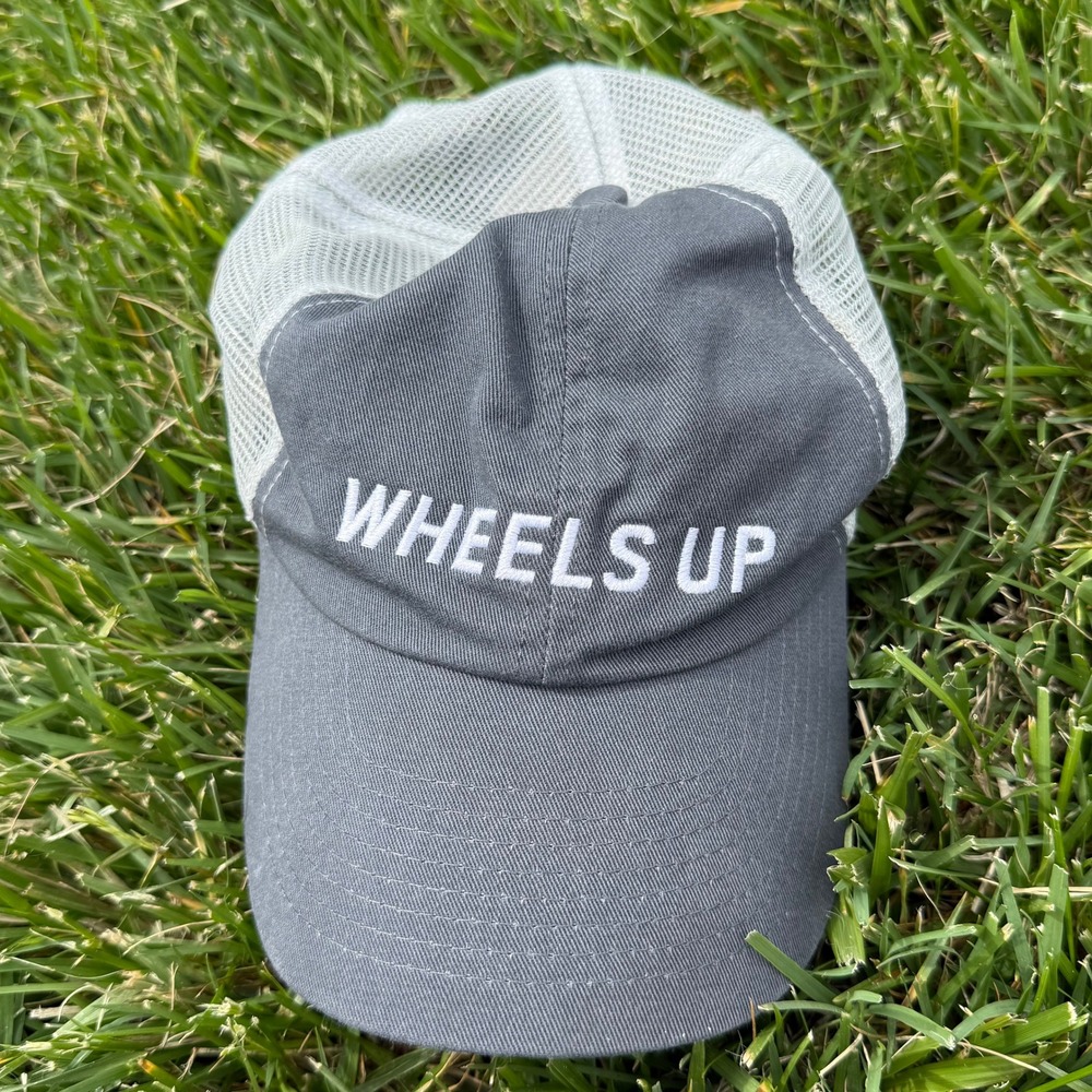 Wheels Up Trucker Hat Gray White Mesh Back American Flag Aviation Cap Adjustable